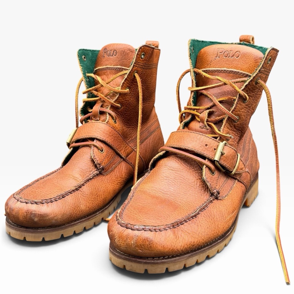 Polo Ralph Lauren Ranger Leather Boots Men 12D Tan Brown Buckle Ankle Moc Toe